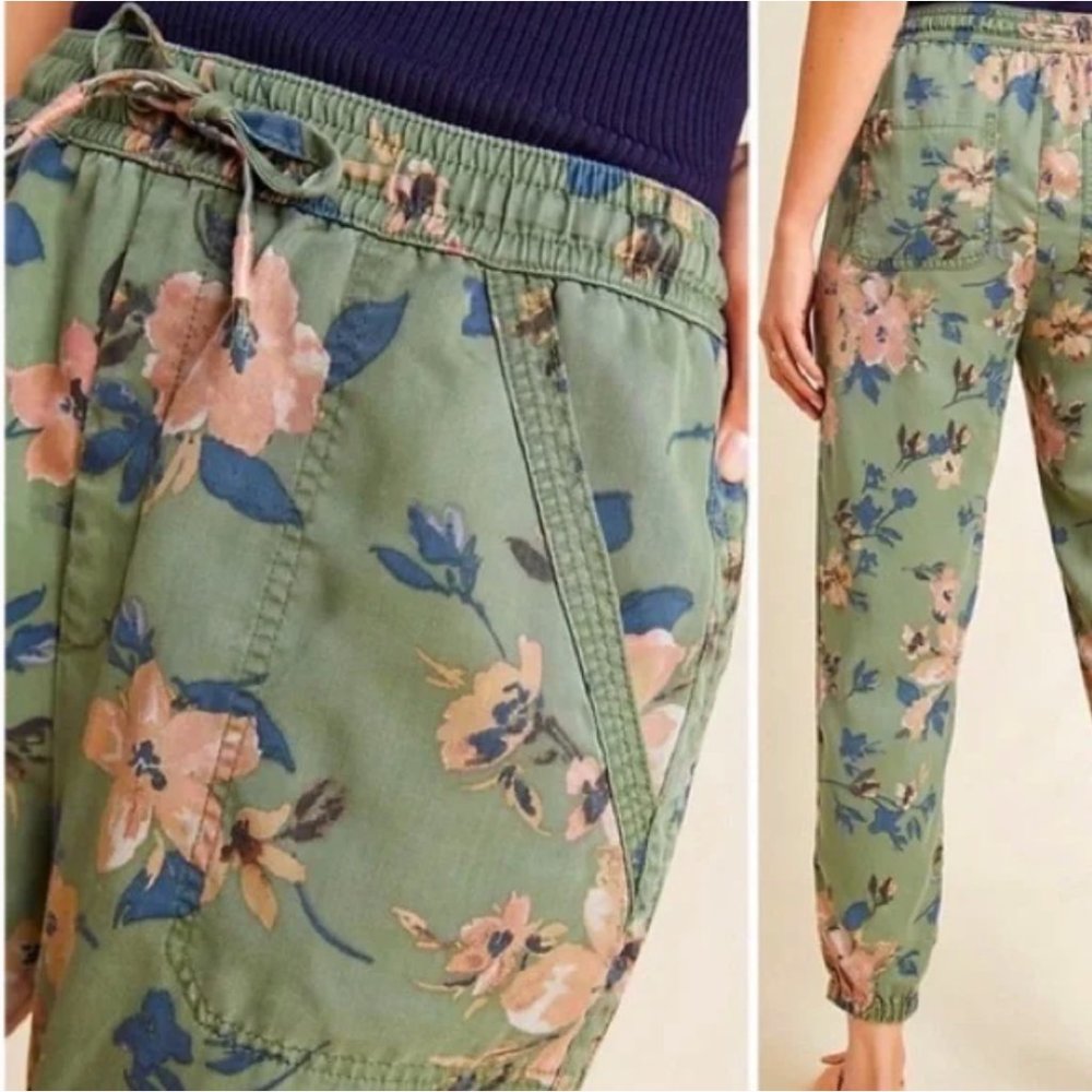 Anthropologie Army Green Floral Lightweight Joggers - Size M